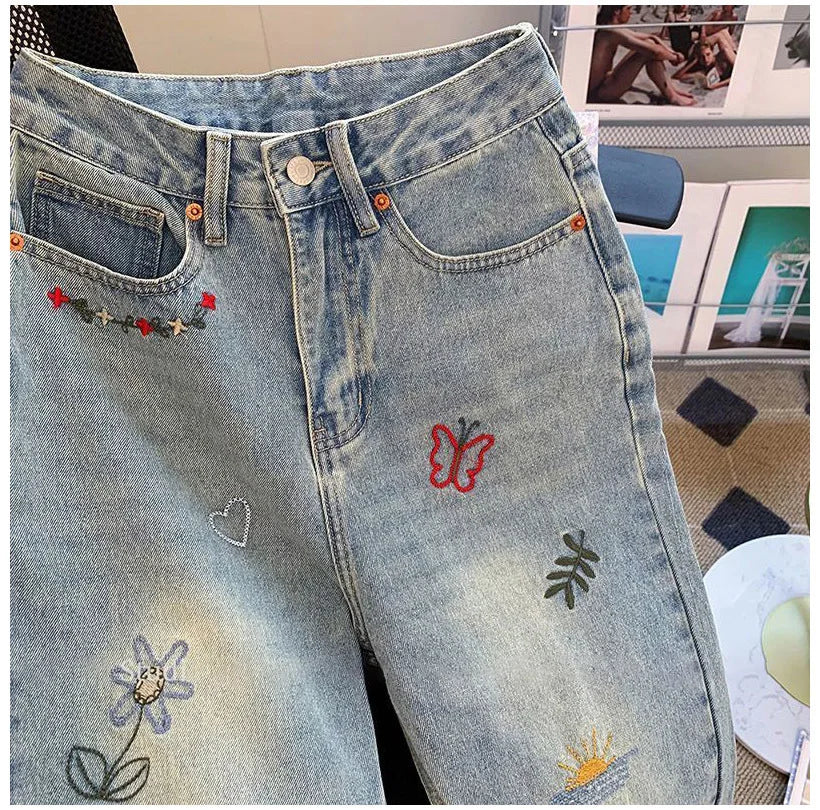 Vintage Embroidered Jeans Trousers For Women Summer 2025 New Korean Fashion High Waist Straight Retro Casual Denim Pants