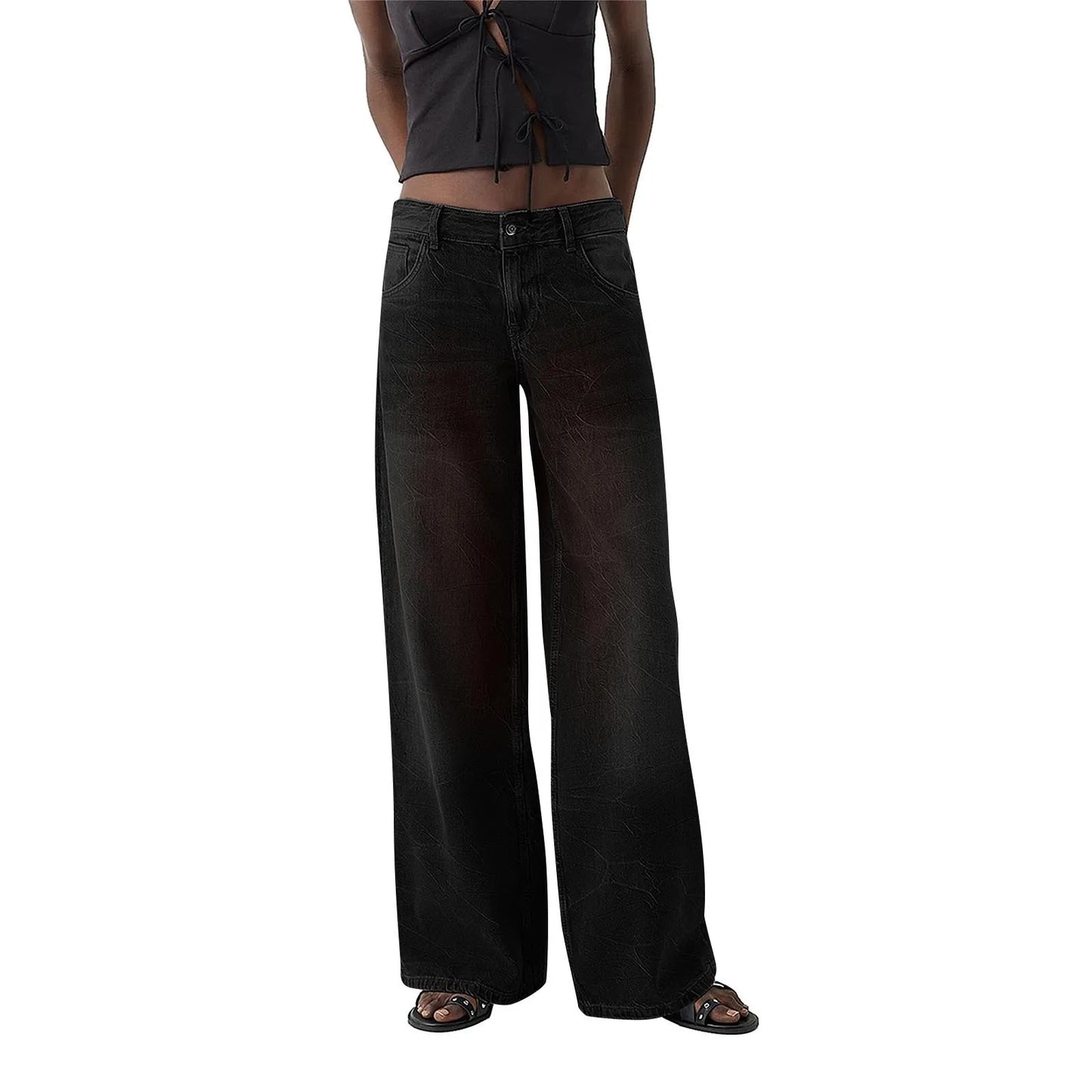 Women Fashion Denim Jeans Retro Ladies Loose Straight Pants Mid Waist Button Pocket Trousers Casual De Mujer Pantalon Femme