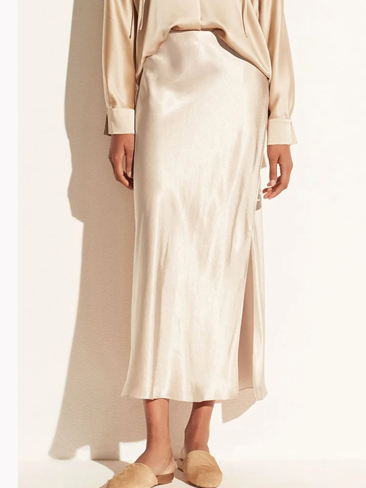 Long Satin Skirts For Women Summer High Quality Skirt With Slit On The Side Silk Elegant Black Maxi Luxury Women's Skirts 2025