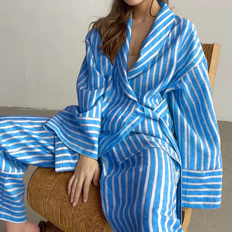 Women's Dress Sets Autumn New Striped Long-sleeved Loose Lace-up Top High-waisted Trousers Fashion Casual Suit for Women