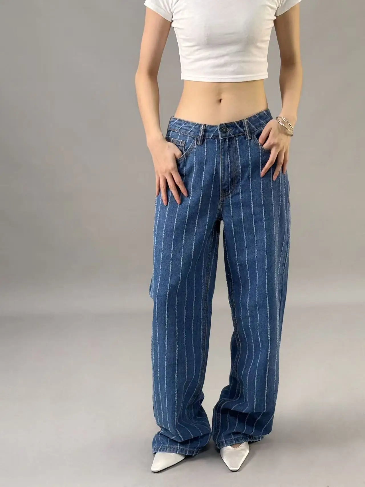 Worn-out jacquard jeans for women  Spring Summer 2025 new style  High waisted  wide leg  loose fit  slimming effect