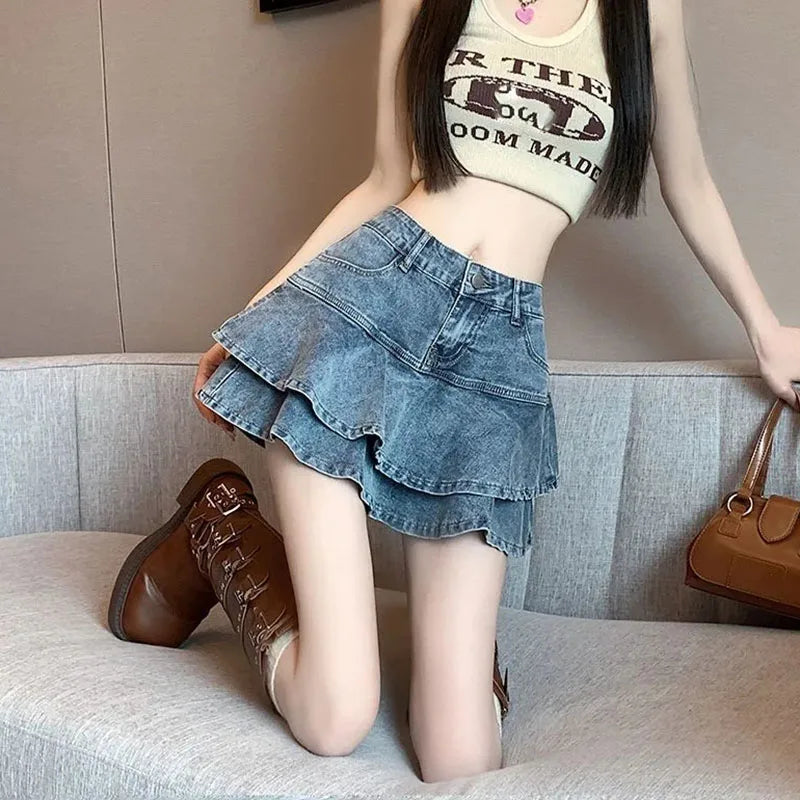 Korean Fashion Women Denim Short Skirts Summer 2025 Streetwear All Match Ruffles Mini Skirt Stretch Jean High Waist Cake Skirt