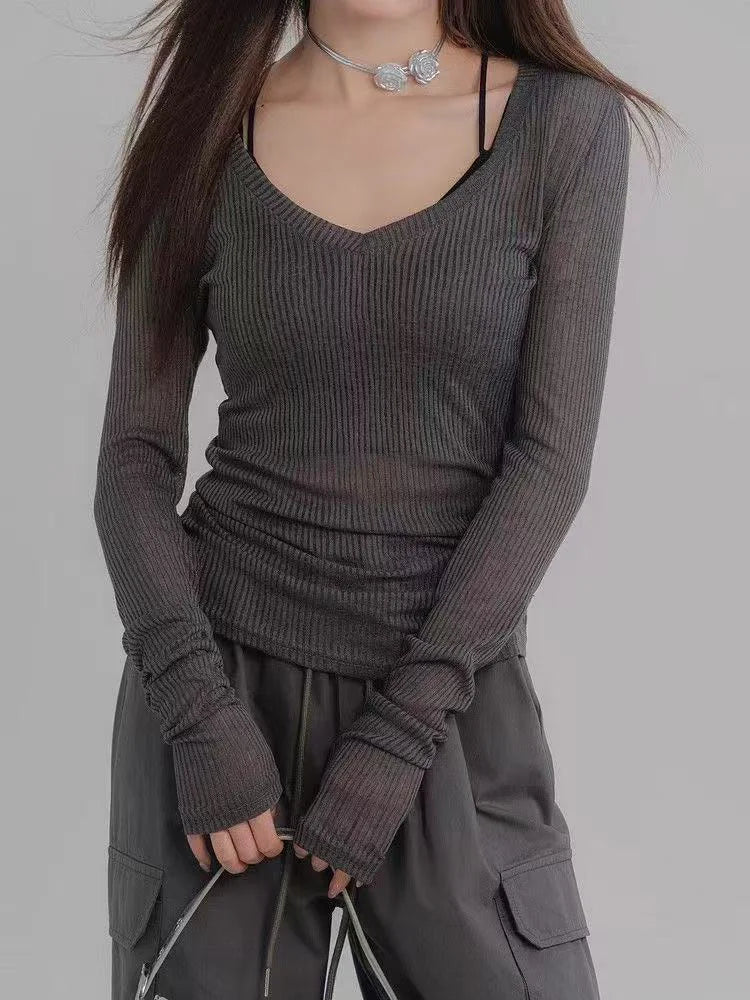 Summer Tops for Woman Elastic Basic T-shirts Female Casual Tops Long Sleeve Sexy Thin T-shirt See Through Y2k Clothing