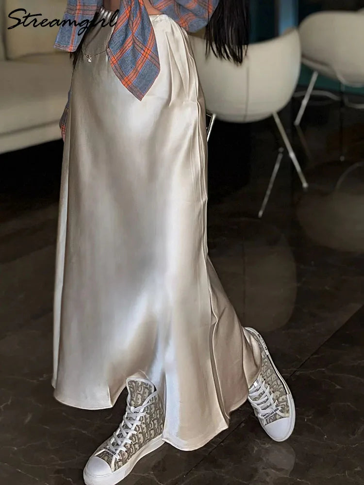 Long Black Satin Skirts Women For Work Summer Autumn Straight Brown Skirt Long Belt Coffee Formal Silk Maxi Skirt For Ladies