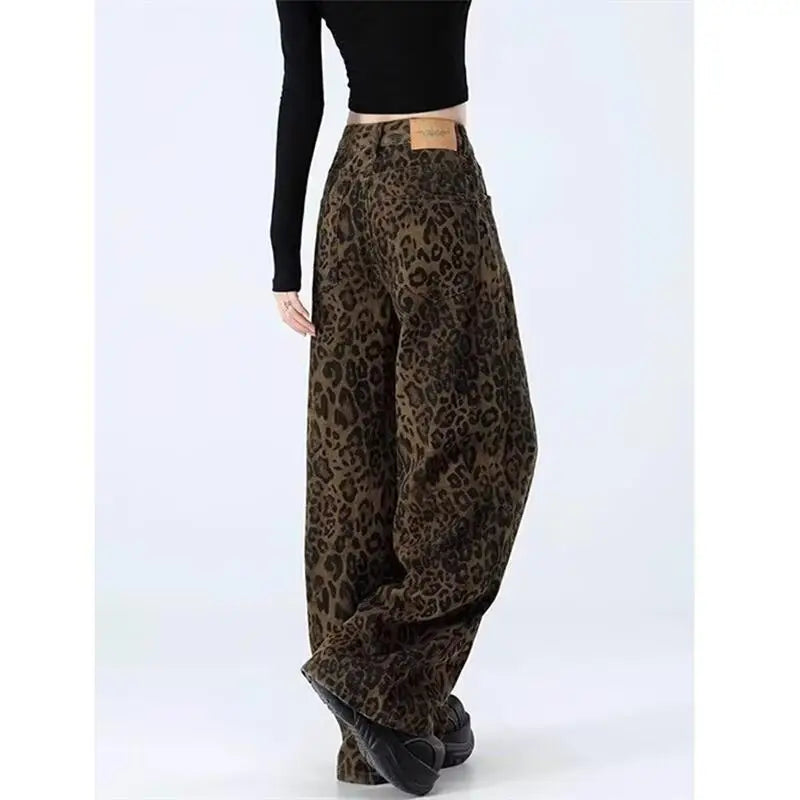 Women's leopard print jeans autumn and winter fashionable versatile loose retro casual pants straight leg wide leg pants
