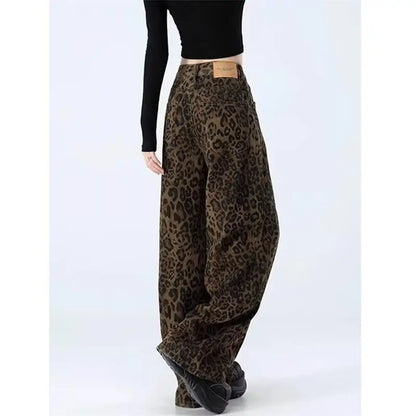 Women's leopard print jeans autumn and winter fashionable versatile loose retro casual pants straight leg wide leg pants