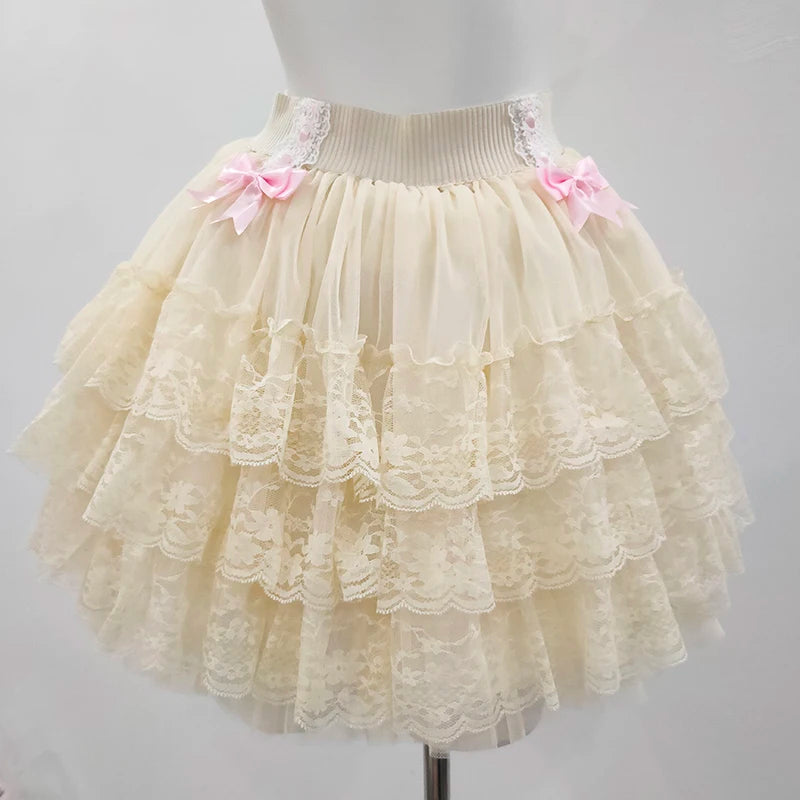 Pink Skirts for Sweet Girls Summer Bows Decoration Elastic Waist Lolita Style Multilayered Lace Skirt Kawaii Clothes