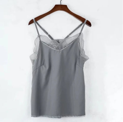 Women Tops  Elegant Tank Top Tube Top Silk Satin Camisole Plain Strappy Vest Tops Sleeveless Blouse French Tuning Delicate Lace