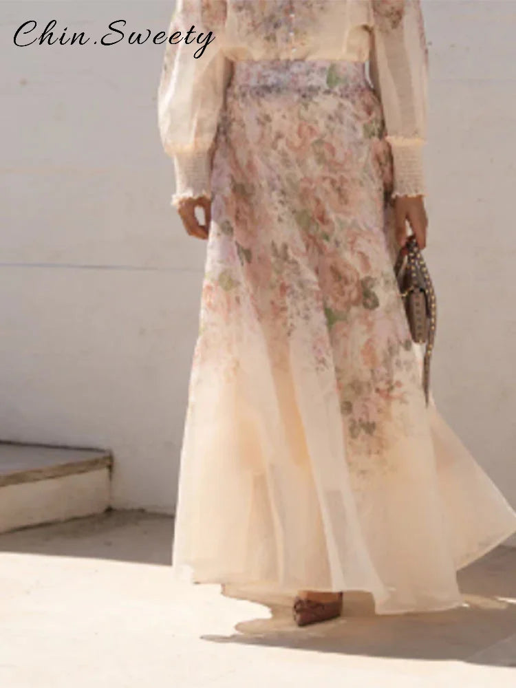 Elegant Floral Printed Long Skirts Set Women Loose Full Sleeve Single Breasted Shirts Pleated Skirt 2025 Summer Lady New Suits