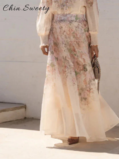 Elegant Floral Printed Long Skirts Set Women Loose Full Sleeve Single Breasted Shirts Pleated Skirt 2025 Summer Lady New Suits
