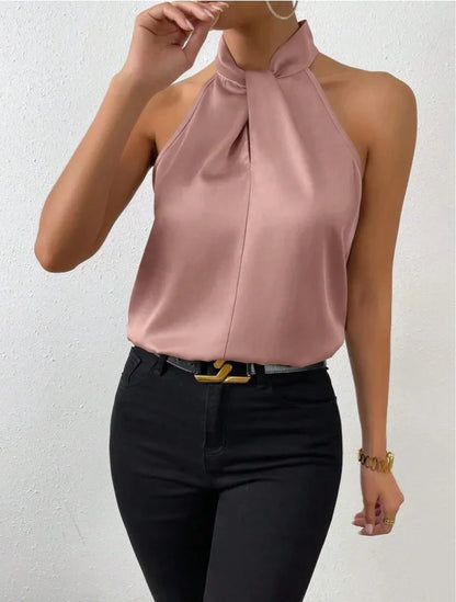 2025 Women's Tanks Top Camis Hanging Neck Strap Design Satin Gloss Loose Sleeveless Blouses Blusas Mujer Moda Black Sexy Shirt