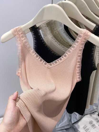 2025 Women Summer Fashion Thin Knitted Undershirt Sleeveless Corset Top Half High Neck Comfortable Breathable Lace Tank Top New