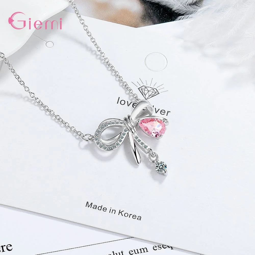 Delicate 925 Sterling Silver Necklaces for Women Sweet Bowknot Pink Zircon Pendant Necklace Holiday Party Fashion Jewelry Gifts