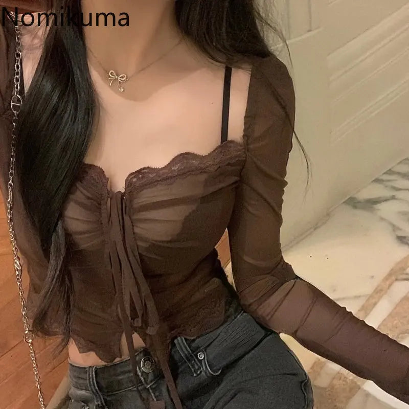 Sexy Tops Blouses for Women V-neck Long Sleeve Tunic Shirts Guaze See Throught Lace Bandage Summer Blouse 2025 Blusas De Mujer