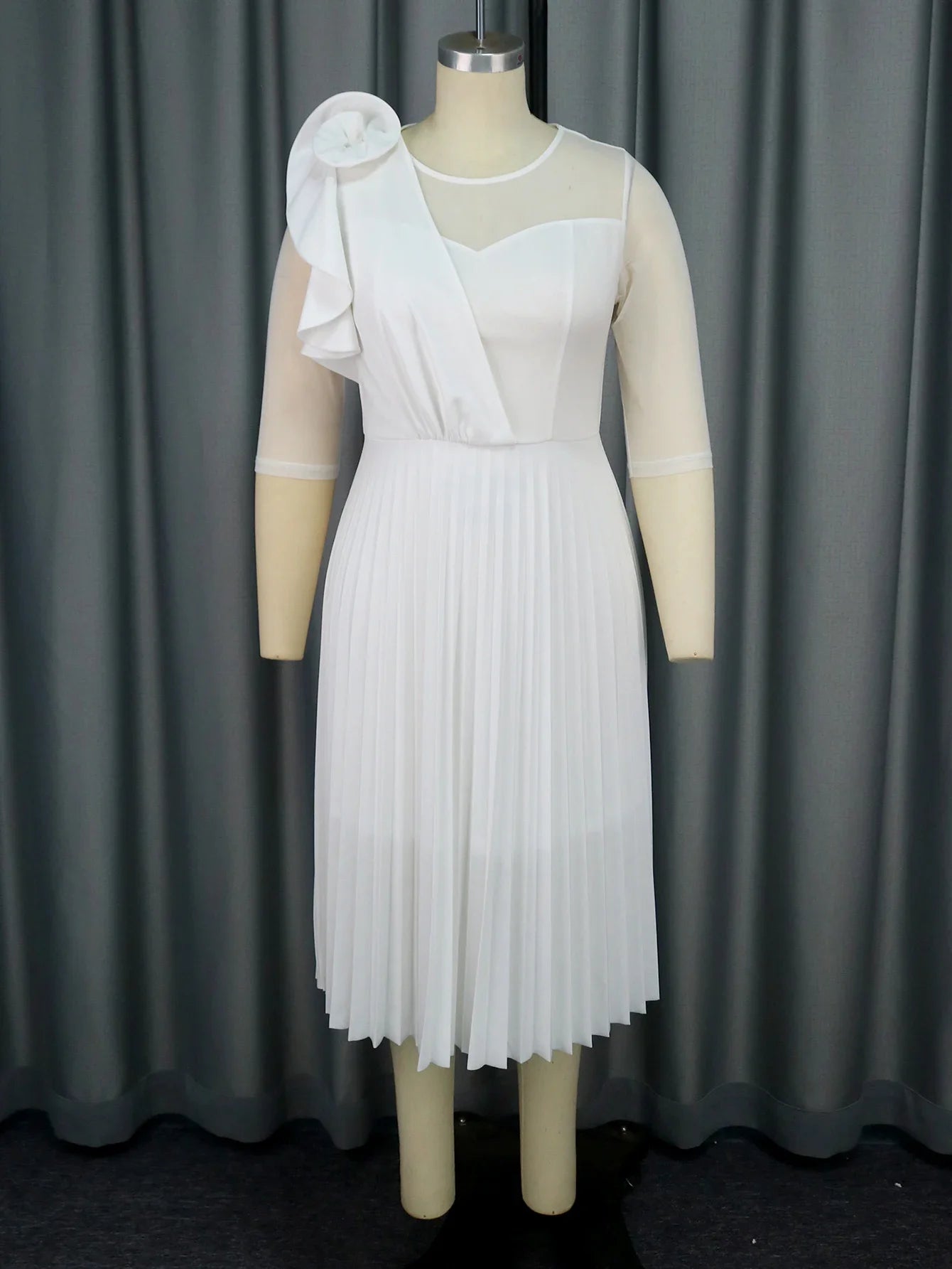 Elegant White Dresses for Women Pleated Ruffles Flower Tulle Sleeves Patchwork Classy Occasion African Wedding Guest Birthday