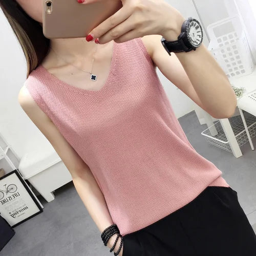Top women Summer V Neck Hollow Knitted Vest Sleeveless Casual Tank Blusas Tops Sheer Mesh Patchwork T Shirt Bottom Camisole 2019