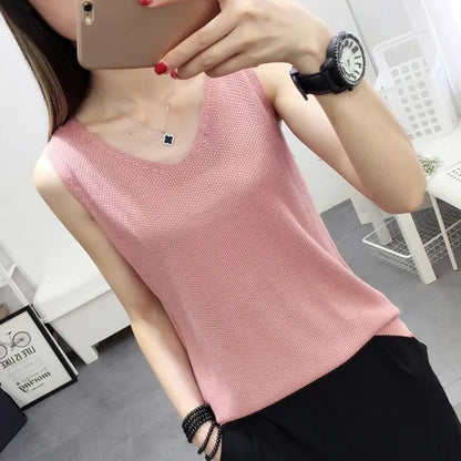 Top women Summer V Neck Hollow Knitted Vest Sleeveless Casual Tank Blusas Tops Sheer Mesh Patchwork T Shirt Bottom Camisole 2019