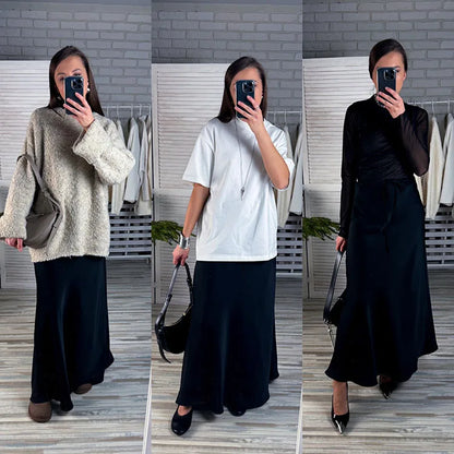 Long Black Satin Skirts Women For Work Summer Autumn Straight Brown Skirt Long Belt Coffee Formal Silk Maxi Skirt For Ladies