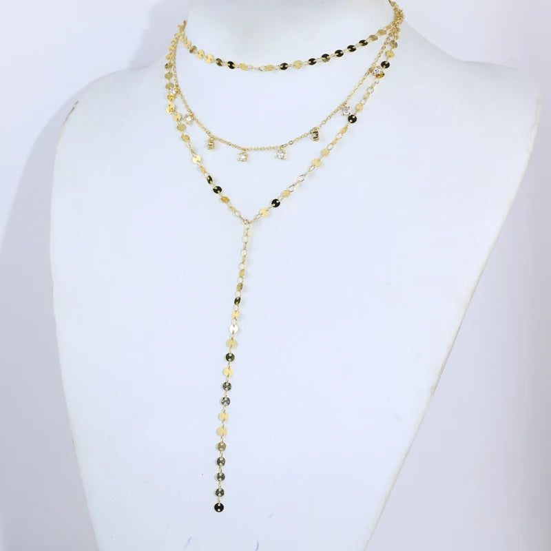 2025 New Long Necklace for Women Y Lariat Shaped Disc Choker Sexy Multilayer Sequins Chain Tassel Bling Cz Pendant Necklace