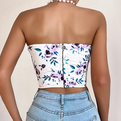 Women Floral Top Sexy Spicy Girl Tank Top Low cut Open Back Flower Wrapped Chest Diamond Fish Bone Strap Waist Vest Tank Top