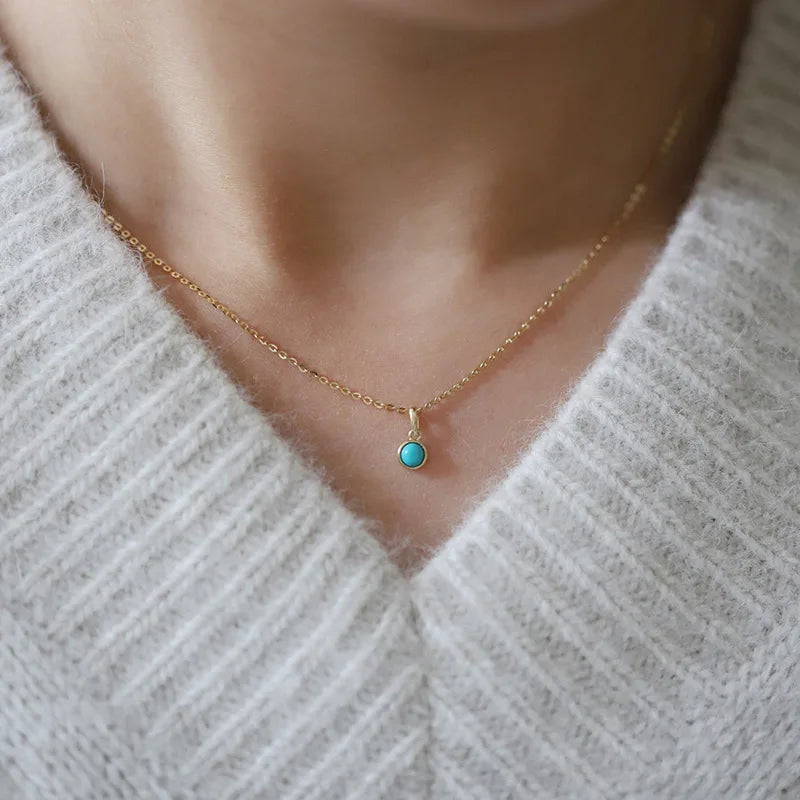 Retro 925 Sterling Silver 14k Gold Plated Necklace for Women Blue Turquoise Mini Geometric Round Pendant Clavicle Chain