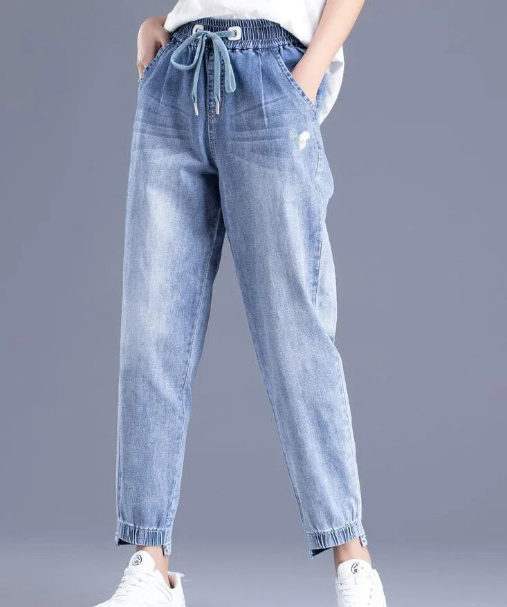 Womens Jeans Pants For Women With Pockets Blue Trousers High Waist Shot 2000s Y2k Wide Leg Xxl 90s Trend Unique Japanese Shiny