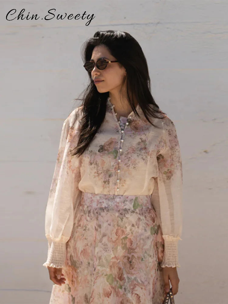 Elegant Floral Printed Long Skirts Set Women Loose Full Sleeve Single Breasted Shirts Pleated Skirt 2025 Summer Lady New Suits