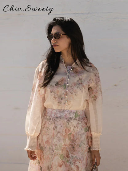 Elegant Floral Printed Long Skirts Set Women Loose Full Sleeve Single Breasted Shirts Pleated Skirt 2025 Summer Lady New Suits