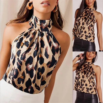 Women's Tops Sexy Leopard Print Summer Blouses And Tops Halter Neck Fashion Shirts Sleeveless T-Shirts Female Clothing