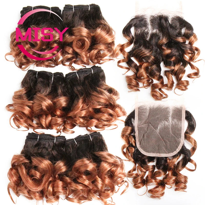 Curly Hair Bundles Brazilian Human Hair Weave 6 Bundles With Lace Closure Colored 1B/27/30/33/99J Short Hair Extension For Women