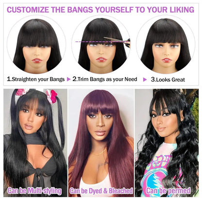 Wig With Bangs Bone Straight Human Hair Wigs For Women Brazilian Natural Cheap Full Machine Made Wigs 22 24 Inch Long Wig
