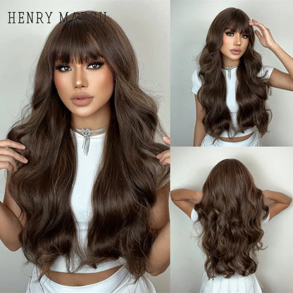 HENRY MARGU Burgundy Long Wavy Wigs Wine Red Wig with Bangs for Women Daily Synthetic Hair Cosplay Wig Heat Resistant Fiber