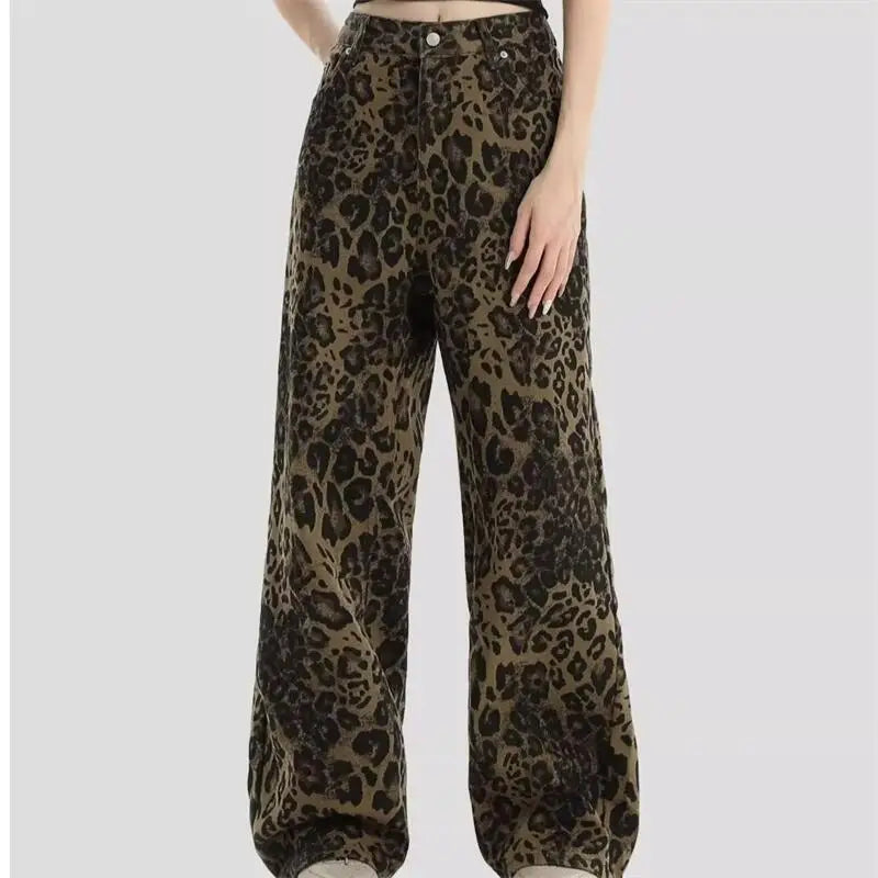 Women's leopard print jeans autumn and winter fashionable versatile loose retro casual pants straight leg wide leg pants