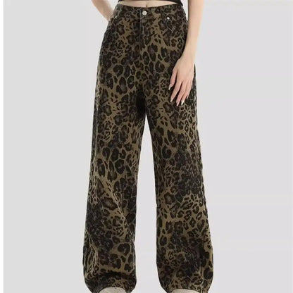 Women's leopard print jeans autumn and winter fashionable versatile loose retro casual pants straight leg wide leg pants