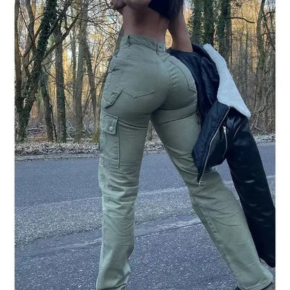 Women High Waist High Elastic Solid Jeans 2023 New Autumn Jeans Women Workwear with Pocket Denim Straight-Leg Pants Cargo Pants