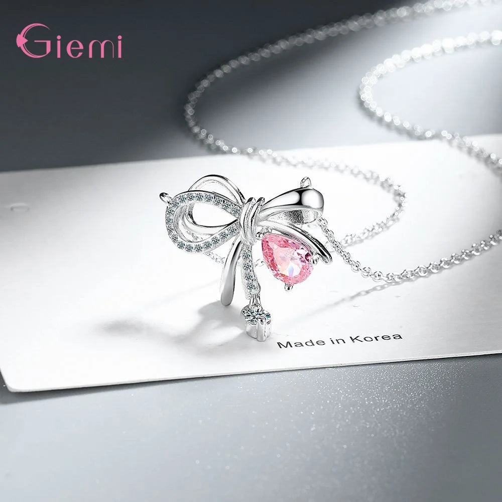 Delicate 925 Sterling Silver Necklaces for Women Sweet Bowknot Pink Zircon Pendant Necklace Holiday Party Fashion Jewelry Gifts