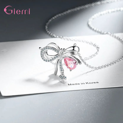 Delicate 925 Sterling Silver Necklaces for Women Sweet Bowknot Pink Zircon Pendant Necklace Holiday Party Fashion Jewelry Gifts