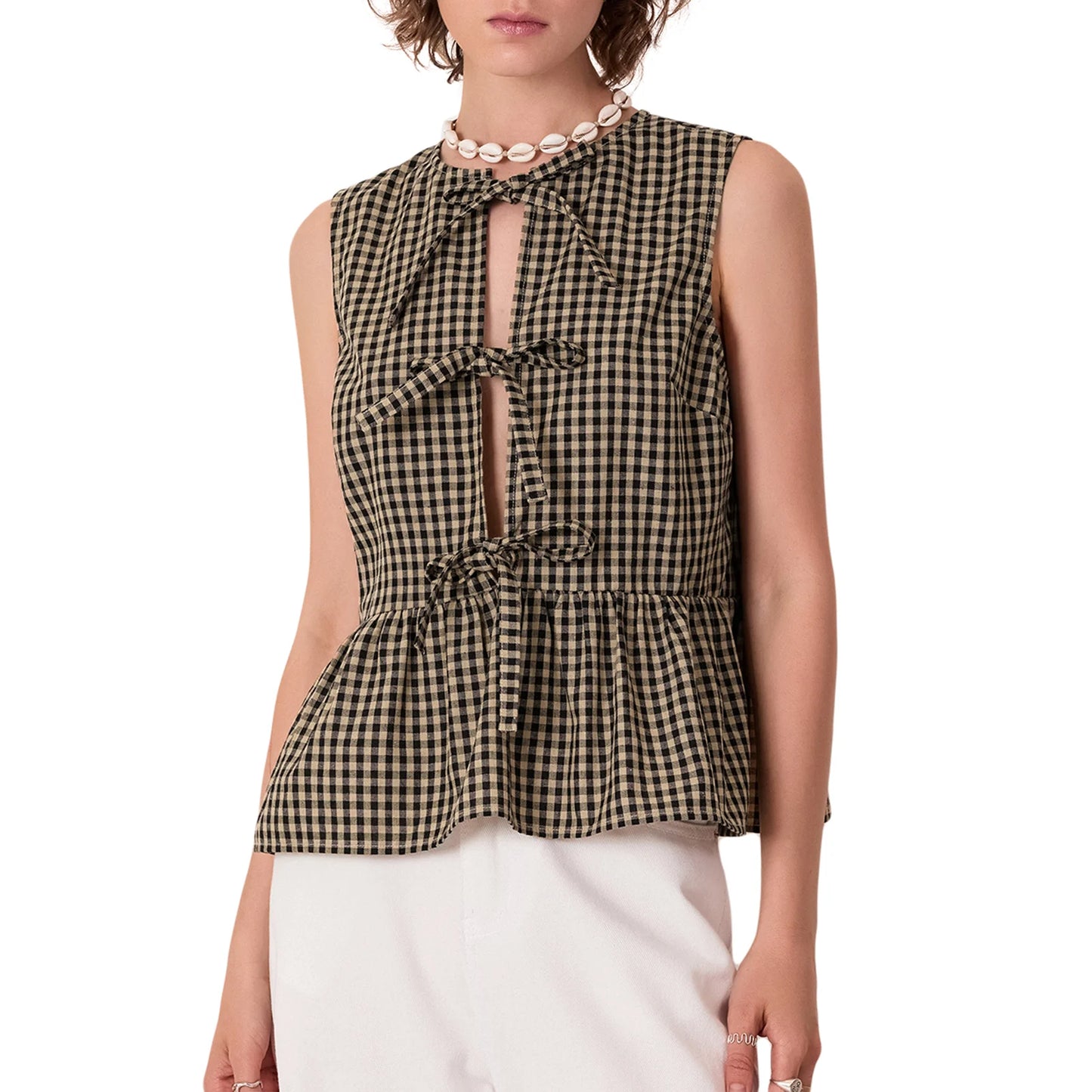 Women Tie Front Peplum Tank Tops Y2K Sleeveless Lace Up Ruffle Hem Babydoll Vest Shirts Cute Summer Going Out Crop Tops