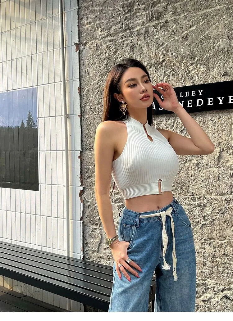 Women Y2K Sexy Tank Tops Chic Tops Halter Off Shoulder Crop Top Camis Elastic Slim Solid Knit Sports Solid Tank Tops 2024 Summer