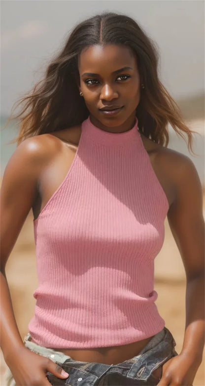 2025 Women's New Tops Summer Pink Halterneck Knitted Sleeveless Top Bow Trim Sexy Open Back Personality Fashion