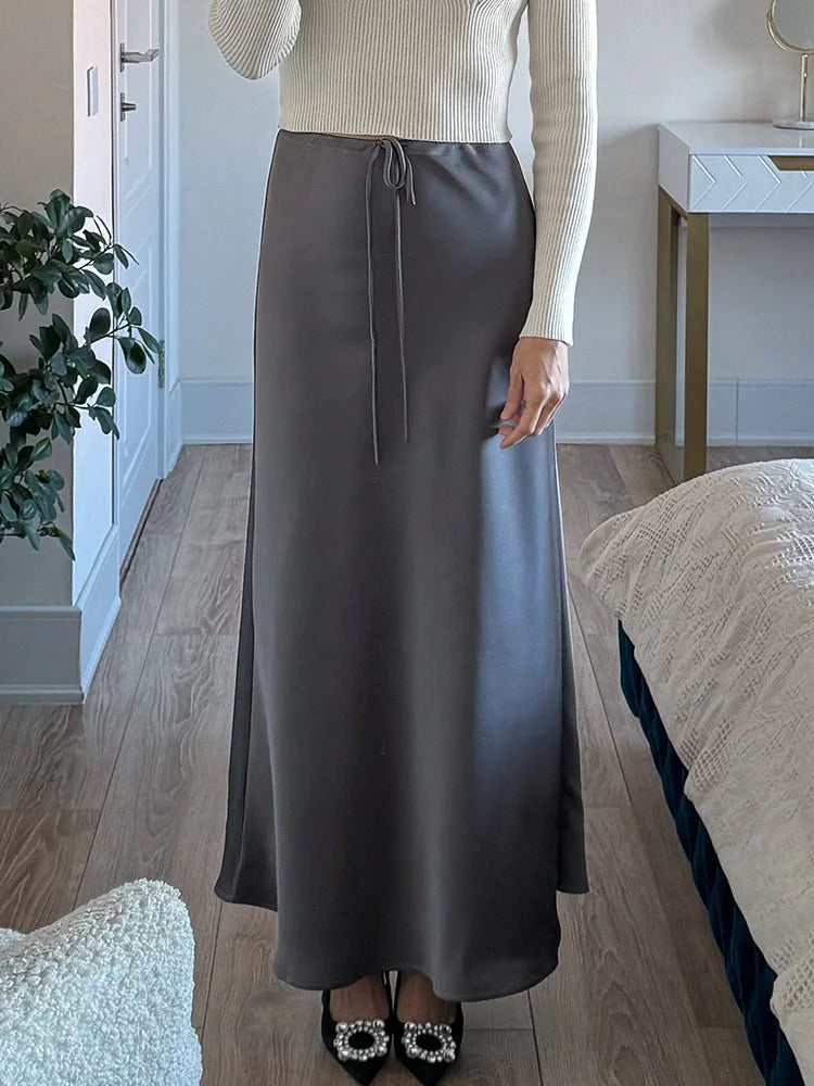 Long Black Satin Skirts Women For Work Summer Autumn Straight Brown Skirt Long Belt Coffee Formal Silk Maxi Skirt For Ladies