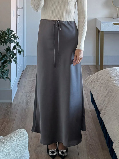 Long Black Satin Skirts Women For Work Summer Autumn Straight Brown Skirt Long Belt Coffee Formal Silk Maxi Skirt For Ladies