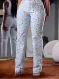 Women's Beading Jeans High Waist Slim Spring Casual Denim Pant Vintage Fashion 2024 Streetwear Straight Jeans Trousers 2024
