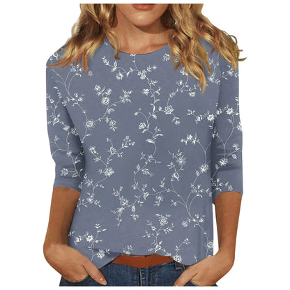 2024 Women Summer Tops Comfortable T Shirt Fashion Flower Print Round Neck 3/4 Sleeve Tops Soft Versatile Pullover Ropa De Mujer