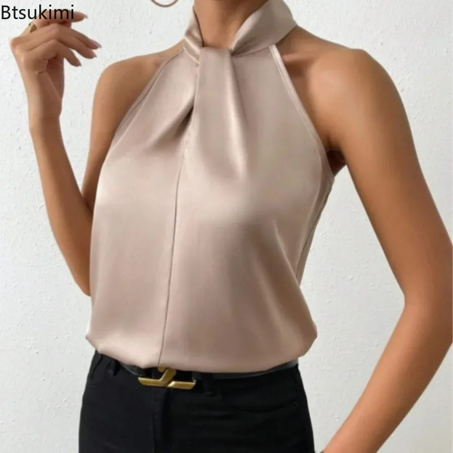 2025 Women's Tanks Top Camis Hanging Neck Strap Design Satin Gloss Loose Sleeveless Blouses Blusas Mujer Moda Black Sexy Shirt