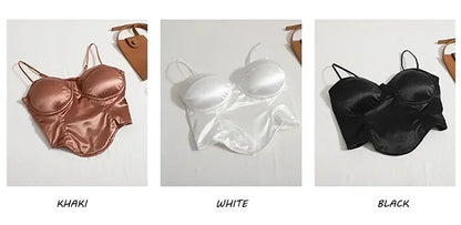 2024  Women Sexy Crop Top Solid Pleated Satin Tanks Top With Bra Pad Beach Camis Spaghetti Backless Casual Top Spring Summer