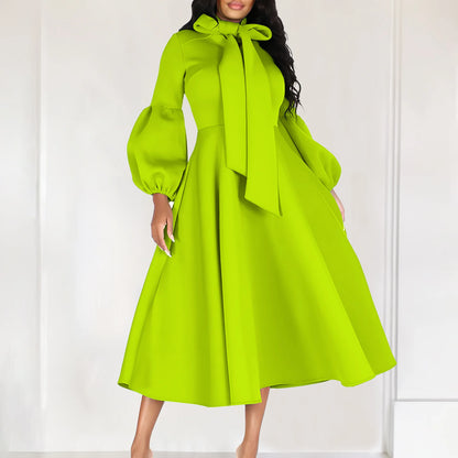 Elegant Dresses for Women Bow Collar Full Sleeve High Waisted A Line Mid Calf Luxury Female Birthday Party Dinner Vestidos Mujer