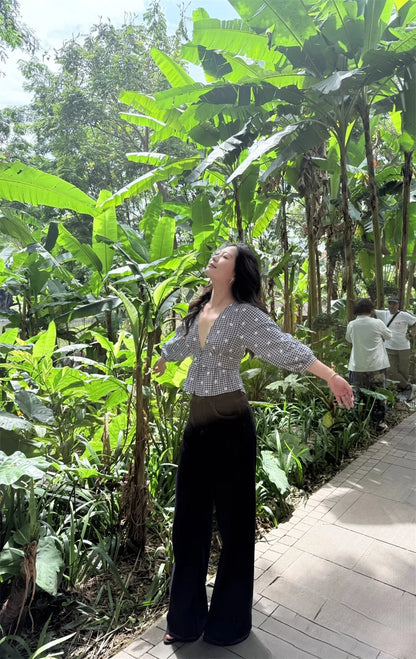 Women's Tops New Summer 2025 Small Check Tops Embroidered Trims Sexy Deep V-Neck Casual Fashion Versatile Personality