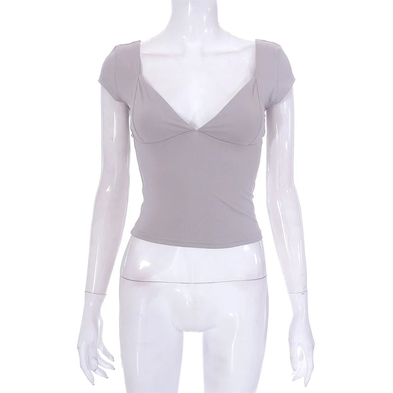 2000s  Tops for Women Fairy Grunge Clothes Sweet Solid Color V Neck Short Sleeve Tanks Aesthetic T Shirt Streetwear