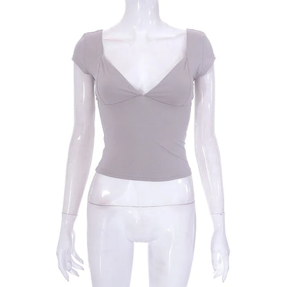 2000s  Tops for Women Fairy Grunge Clothes Sweet Solid Color V Neck Short Sleeve Tanks Aesthetic T Shirt Streetwear